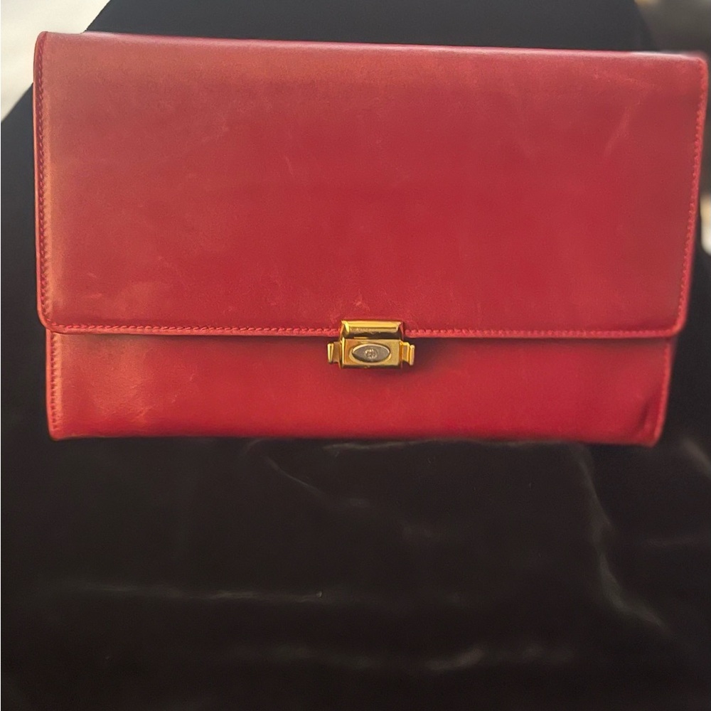 Authentic Gucci Red Leather Travel Wallet with Double G Gold Clasp